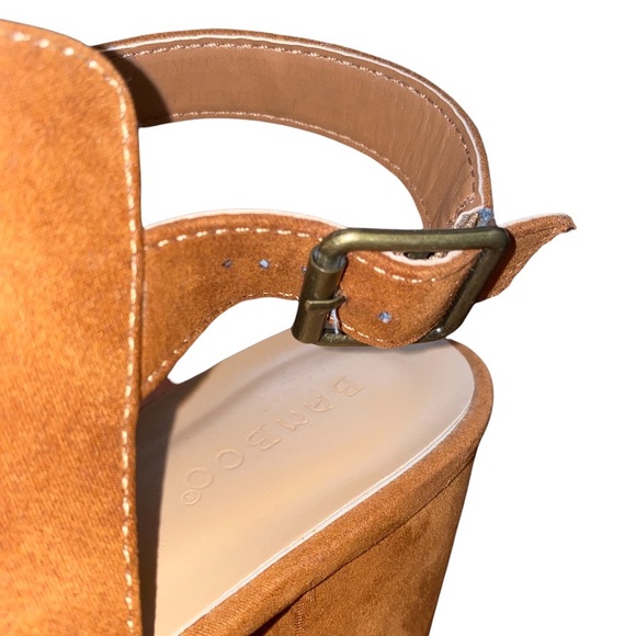 Bamboo Cognac Open Toe Back Faux Suede Vegan Bootie Block Heel Buckle Strap Boho - Picture 5 of 7